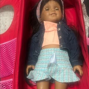 American Girl Doll with Denim Jacket and Pastel Outfit